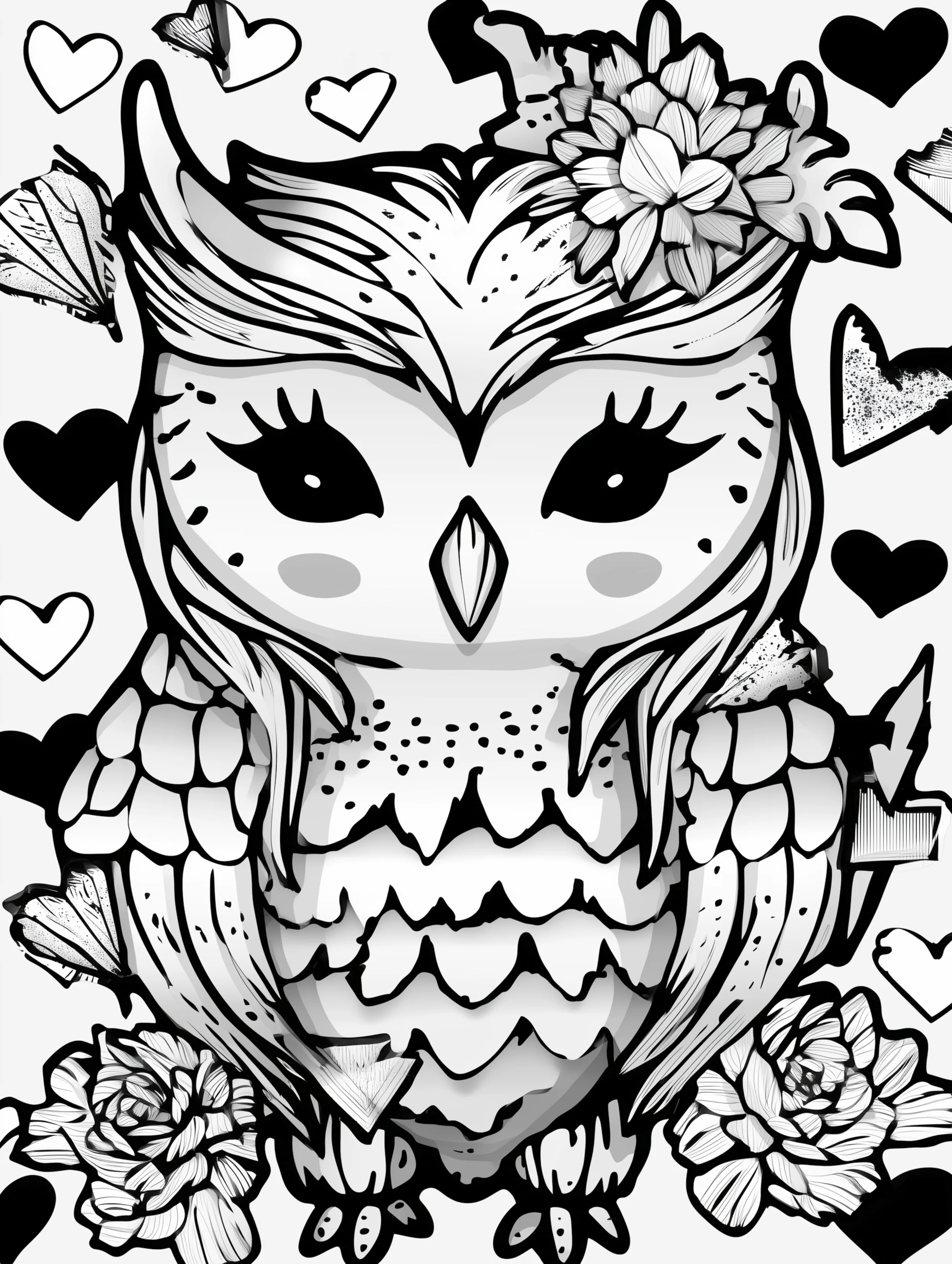 Free printable valentines coloring pages for adults featuring owl with hearts